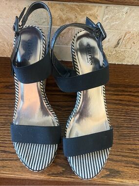 Charles David Black Striped Espadrille Ankle-Strap Sandals